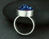 Cobalt Druzy Statement Ring, Blue Titanium Drusy and Sterling Silver
