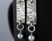 Ripple Hammered Silver Earrings with Pearls, Geometric, Oxidized