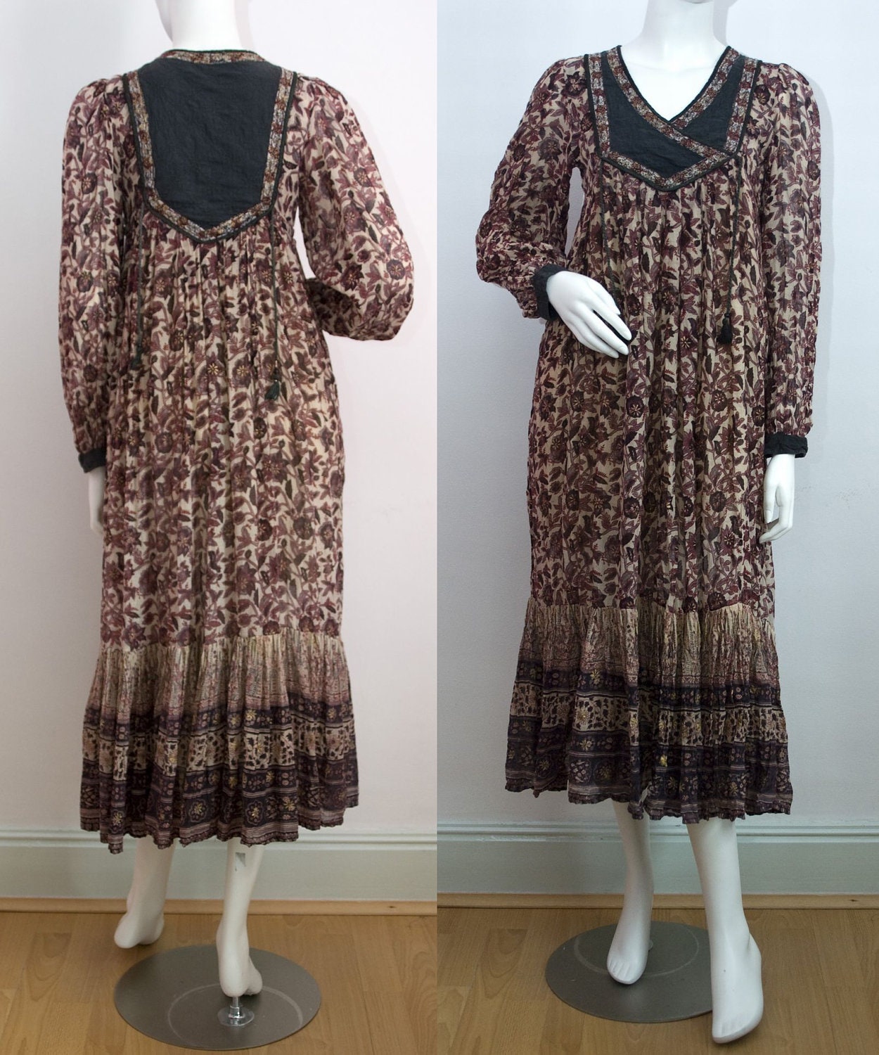 Vintage Dress 70s Indian Cotton Gauze Dress Ethnic Hippy Paisley Midi Dress Empire Hippie Quilted Small 1970s