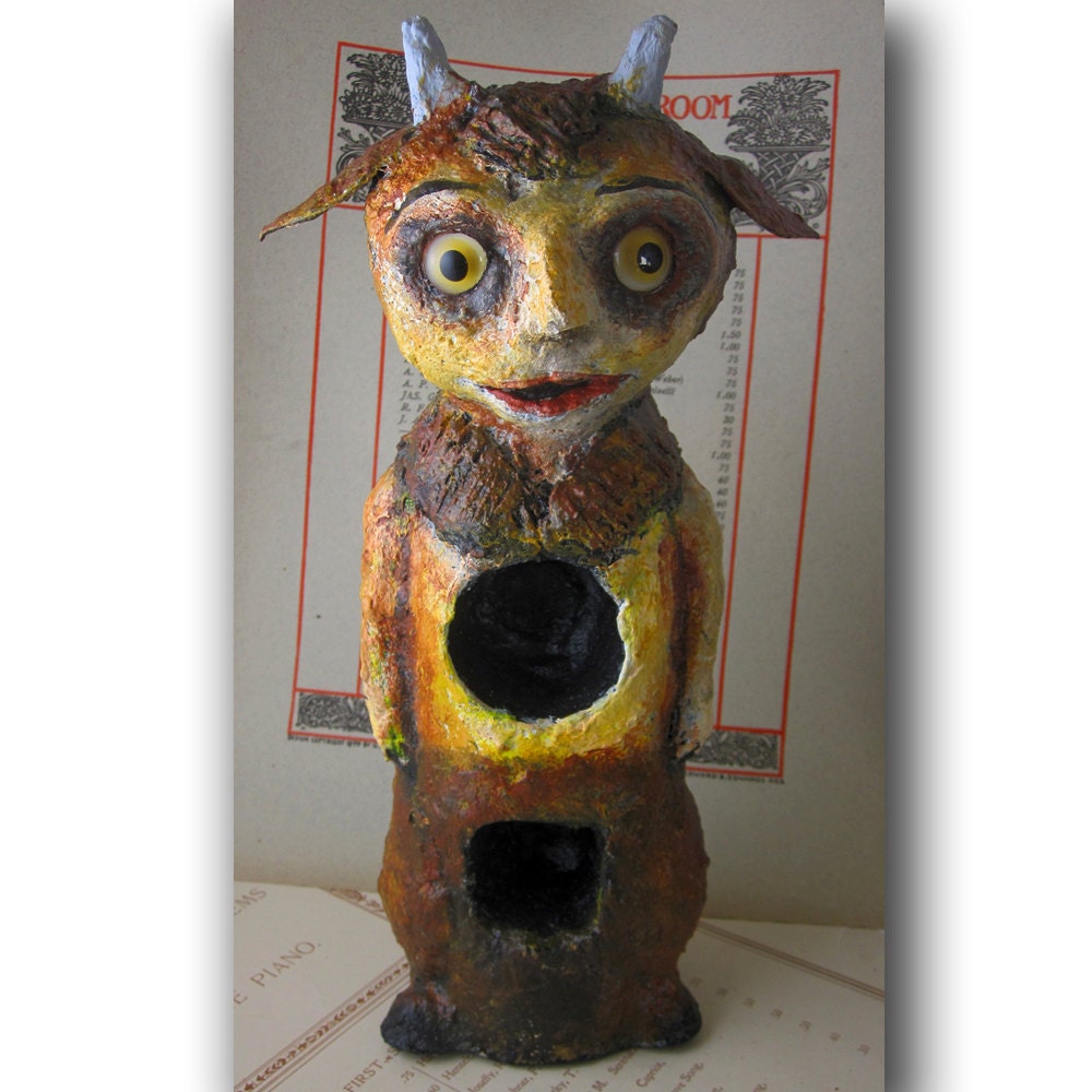 Pan the Faun, Paper Mache Paper Clay and Mixed Media Art Doll Sculpture Folk Art