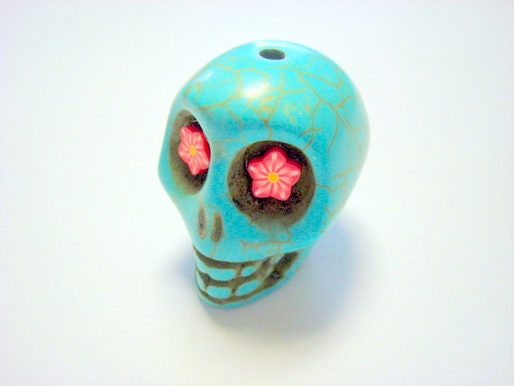Gigantic Turquoise Howlite Skull Bead or Pendant  with Red Star Flower Eyes