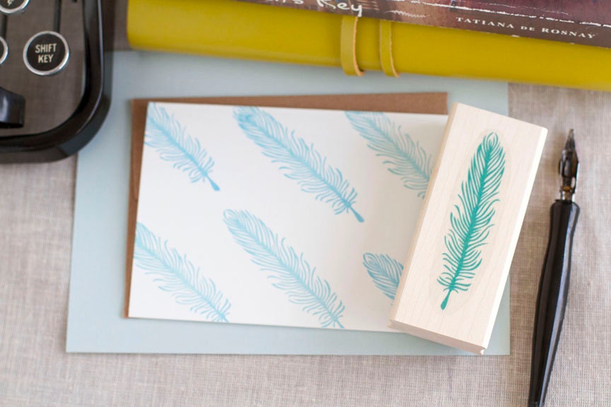 Bird Feather Quill Rubber Stamp Handcrafted & Wood Mounted - Great for Wedding Projects Favors Scrapbooking and Personalized Stationery