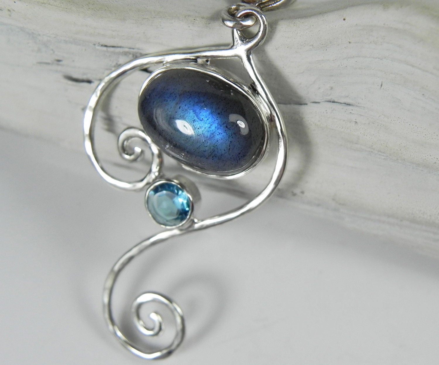 Labradorite Necklace - Spiral Swirl Necklace - Labradorite Blue Topaz  Pendant - December Birthstone - Aqua Blue