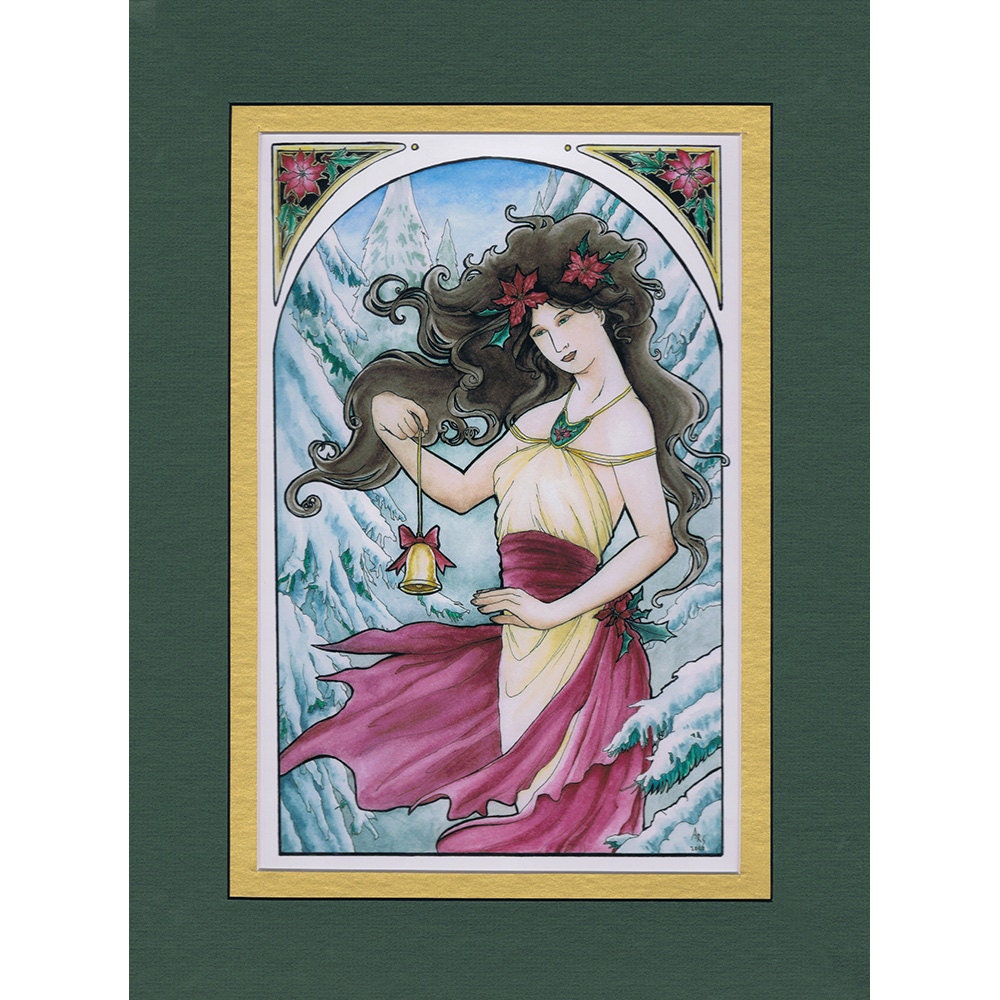 5x7 Matted Art Print - Art Nouveau Christmas Lady with Poinsettia and Snowy Trees