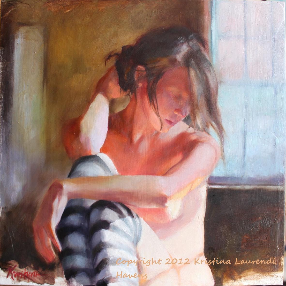 Original Painting Fine Art of the Figure Nude in the Sunlight with Striped Tights