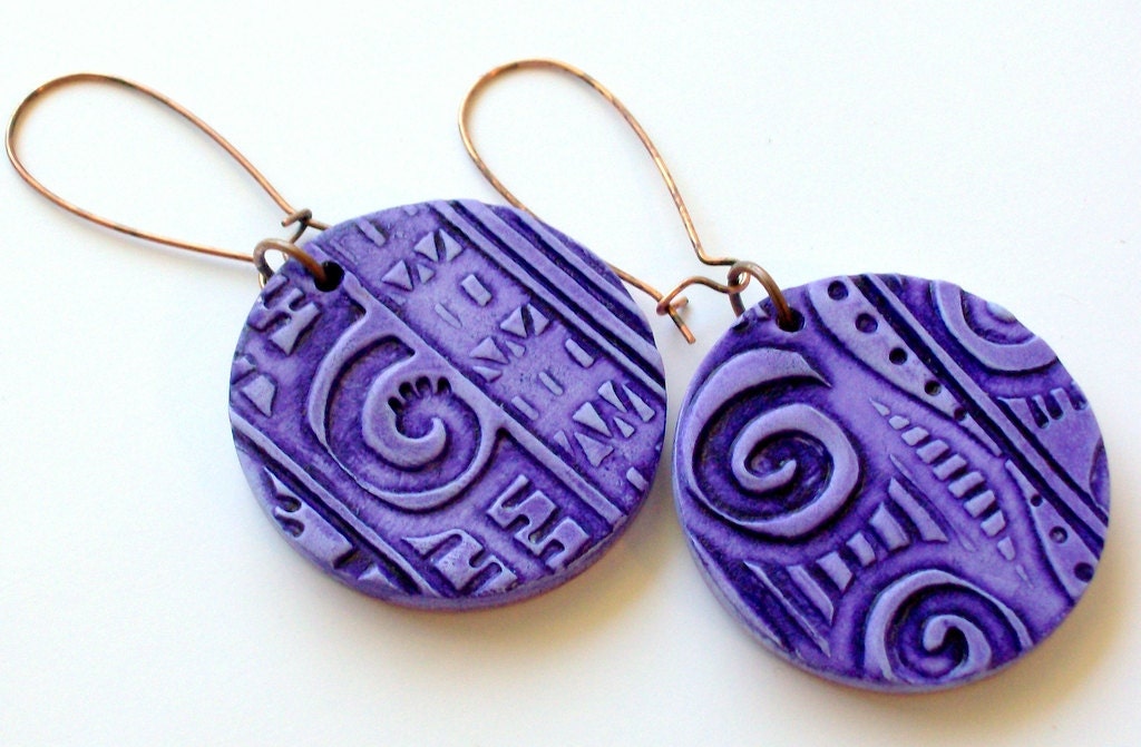 Tribal Clay Earrings - Bohemian - African - Copper - stoneandbone - Purple