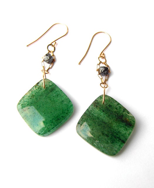 SALE, Emerald Green Aventurine Drop Earrings, Black Diamond Cubes One of a Kind, 14k Gold Earrings