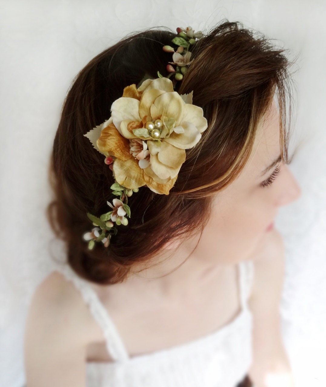 champagne flower hair accessory, rustic wedding head piece, gold accessories - LYRICA - wedding hair wreath, woodland wedding