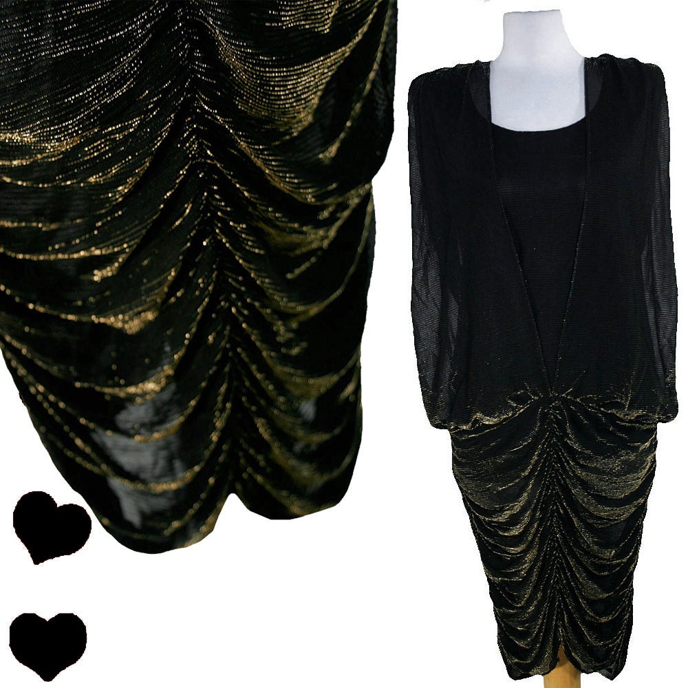 Dress Vintage 80s COCOON Draped Black Metallic GOLD Party Dress L XL Avant Garde Disco
