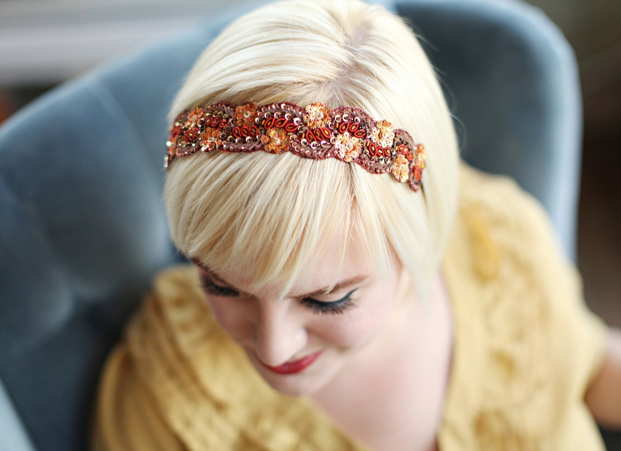Beaded Headband - Burnt Orange Red Gold Metallic Burgundy Women and Teens