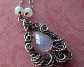 Precious White Ethiopian Opal Lavender Scorolite necklace sterling silver swirl wire wrapped pendant