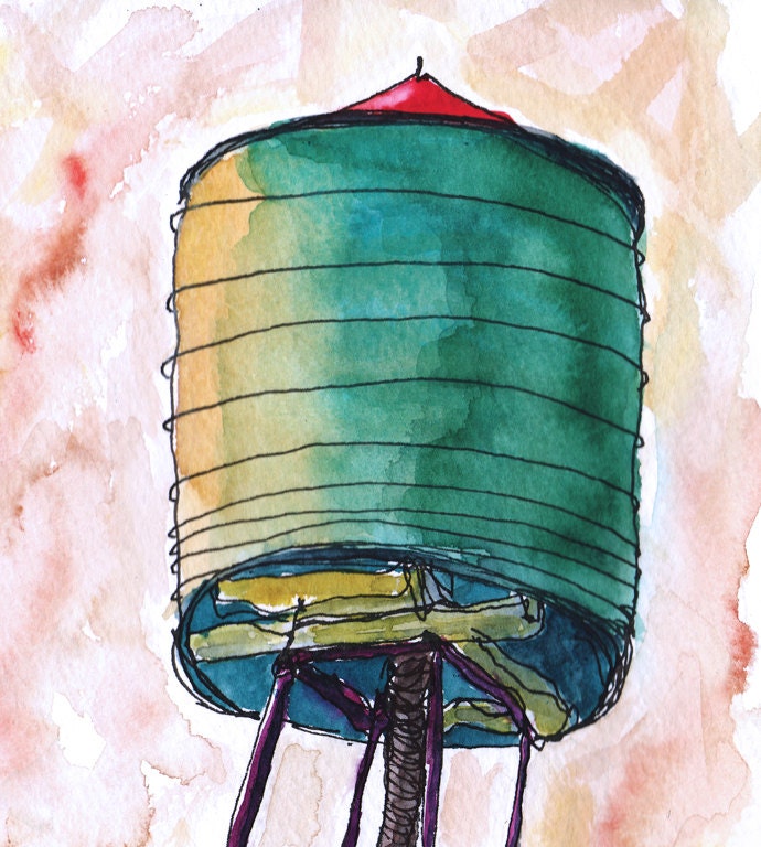 Art Painting Watercolor  Sketch NYC Roof Top Urban Water Tower  Print
