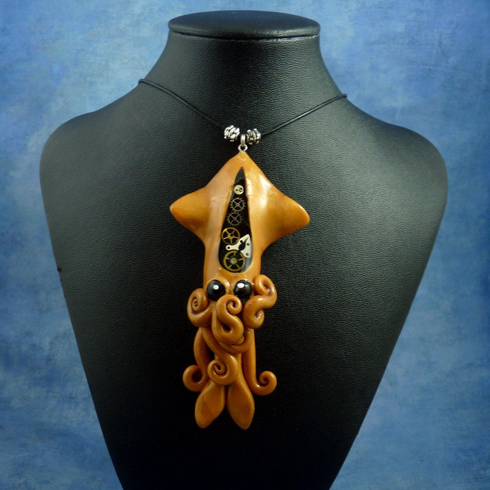 Brass Steampunk Squid Necklace, Polymer Clay Neo-Victorian Pendant