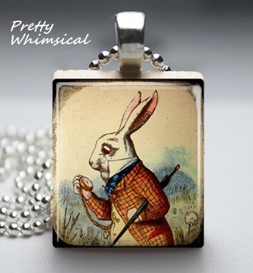Alice In Wonderland Jewelry, WHITE RABBIT Necklace Scrabble Tile Pendant