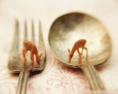 Deer Print, Curiosities, Surreal,Whimsy, Etsy Art, Nature Photography, Tiny Deer Grazing, Spoon, Fork, Lovely Wall Art
