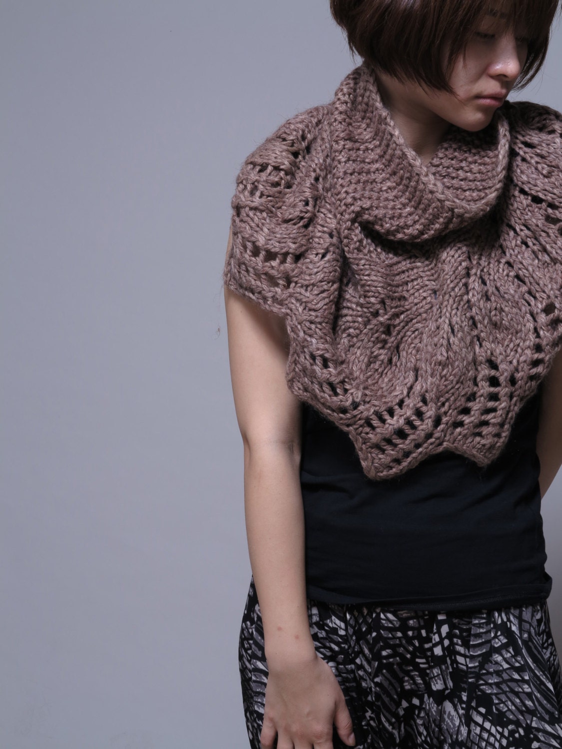 Hand knit capelet/ poncho in Mocha, weaving leaves