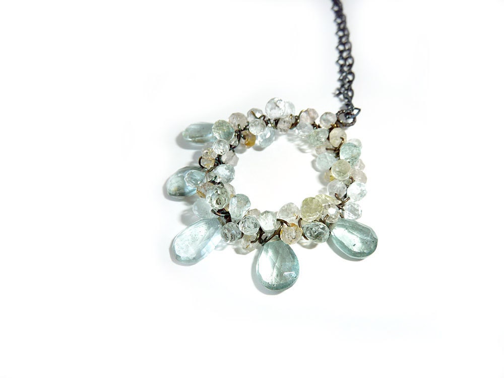 Aquamarine Gemstone Oxidized Sterling Circle Necklace- One of a Kind