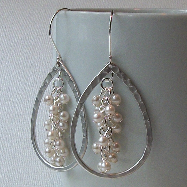 Silver Hammered Pearl Cluster Earrings