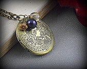 Phoenix Dragon Bronze, Vintage Inspired Bird Locket, Round Swarovski Amythist Pearl, Crystal Celsian, Locket Necklace- LILLY
