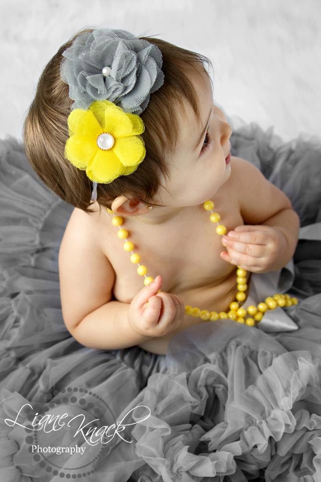 Gray Silver Yellow Flower Tulle Hair Bow Headband Daisy Fabric Puff Boutique Infant Toddlers Girls Photography Prop