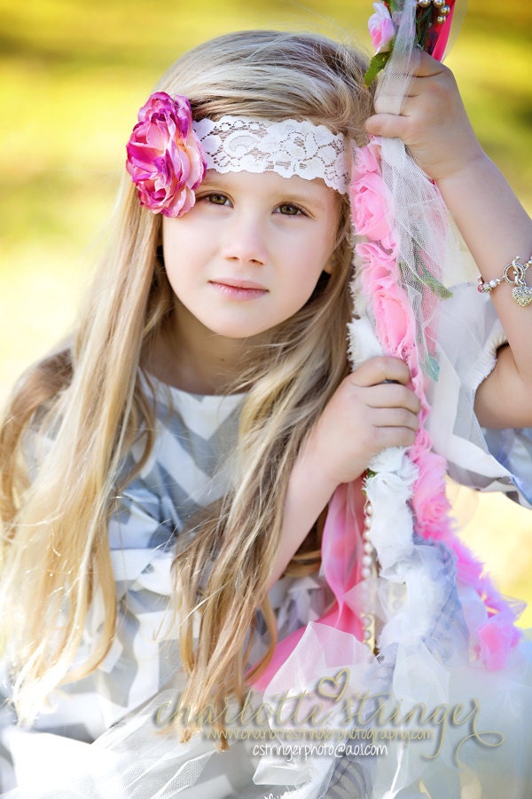 Pink White Lace Flower Headband Vintage Shabby Chic girls Toddlers babies Photography Prop boutique whimsical