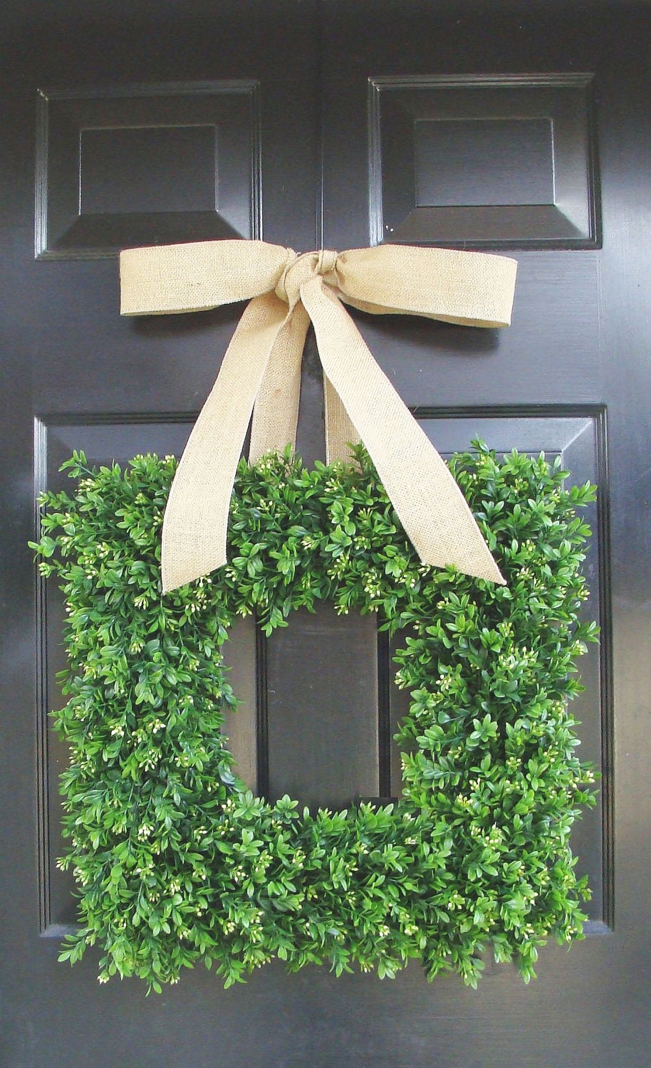 Square Boxwood Wreath, Spring Wreath, Summer Wreath, Boxwood Wedding Wreath, Wedding Decor, Burlap Bow, Wall Hanging Wall Art 22 INCH