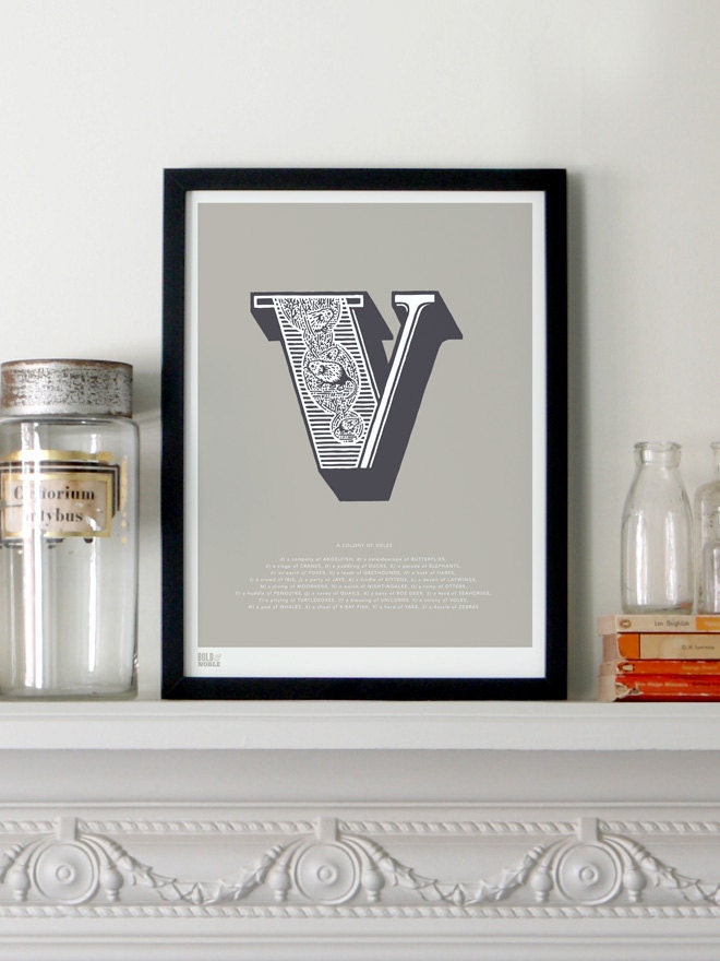 Illustrated Letter V in Putty/Charcoal - decorative screen print