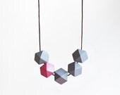 Geometric Necklace /Geometric Jewelry  / Wooden Necklace/  Grey Pink Necklace