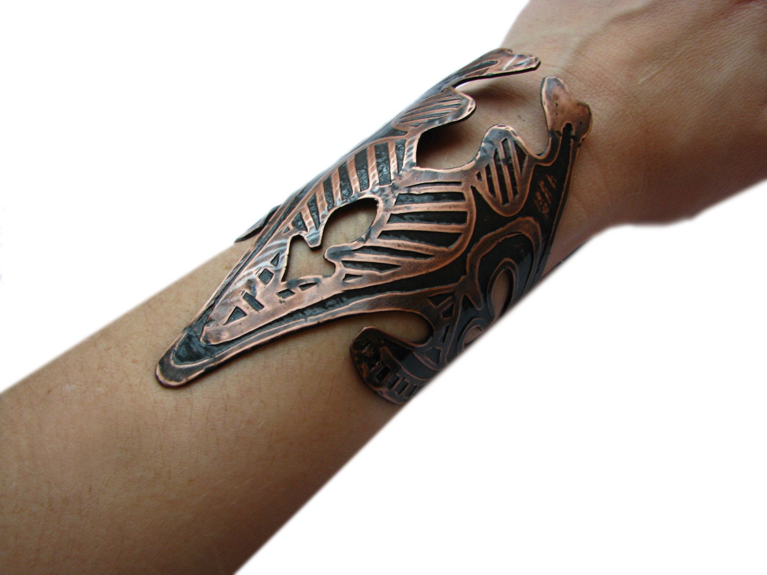 Etched Copper Cuff - Medieval Keyhole Battle Design - Armor Jewelry - Egyptian Aesthetic - handmade copper cuff bracelet