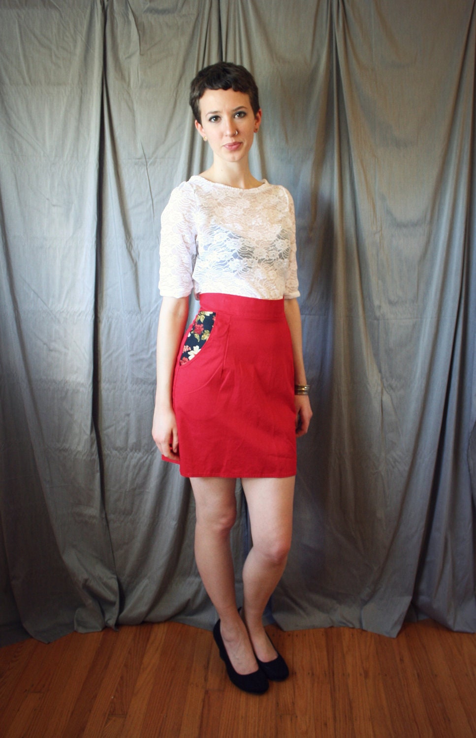 Bright Red Pencil- Red Skirt with Black Floral Pockets