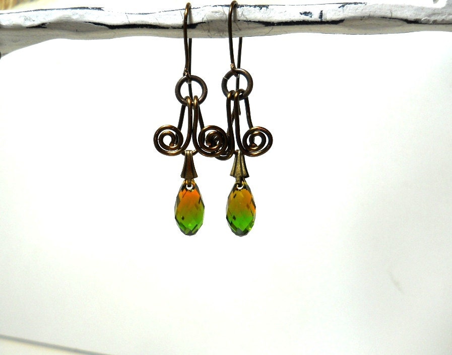 Crystal Briolette and Brass Earrings, Fern Topaz Swarovski Pendants, Wire Worked Rustic Jewelry, Natural, Coiled, Faceted Beaded Earrings