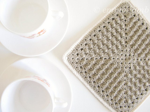 Annie, ecofriendly organic cotton crochet potholder in taupe and cream, simple rustic elegance - READY TO SHIP, by Emma Lamb