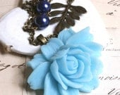 Blue rose necklace sky blue pendant vintage style cobalt blue pearls antique gold leaf handmade wedding Bridesmaid jewelry THREE for TWO N12
