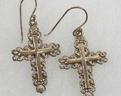 Cross Earrings Sterling Silver Filigree Vintage Religious Signed 925 Pierced Dangle