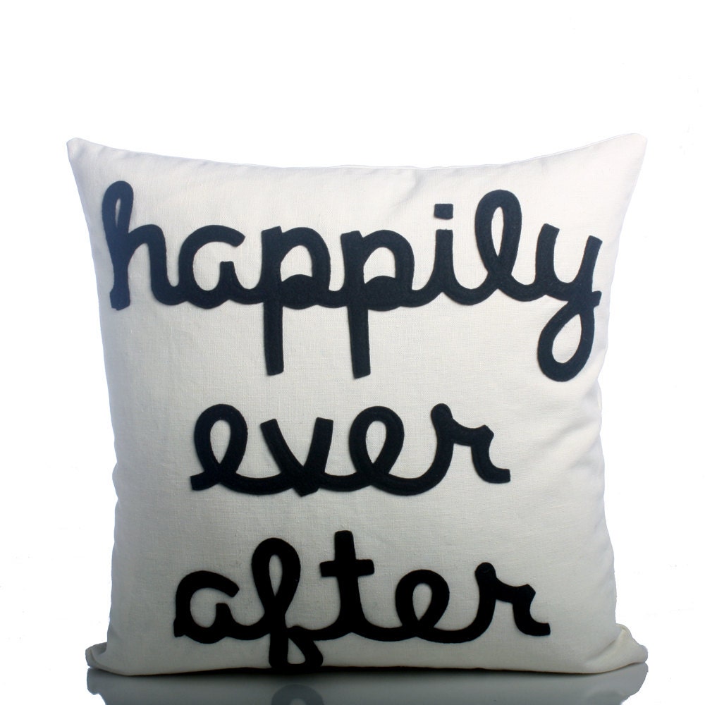HAPPILY EVER AFTER -  hemp canvas and recycled felt applique pillow 16 in - more colors available