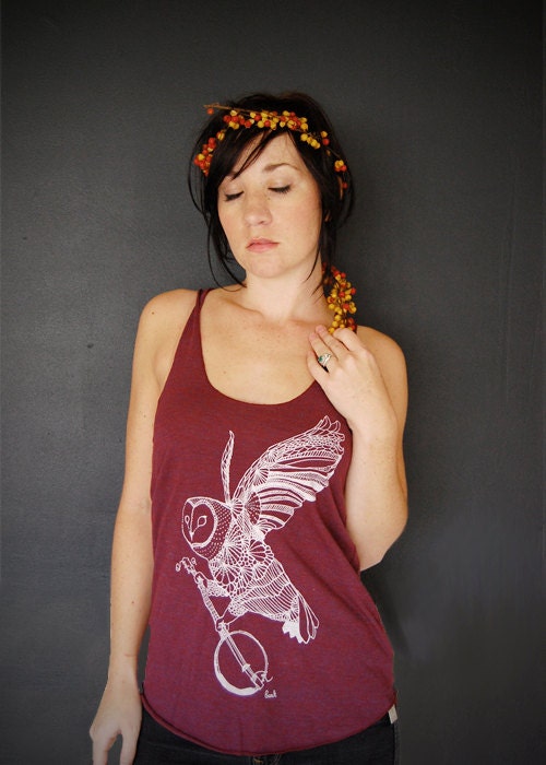 Ghost Banjo - womens owl tri-blend racer back jersey tank top - in Cranberry - by Bark Decor