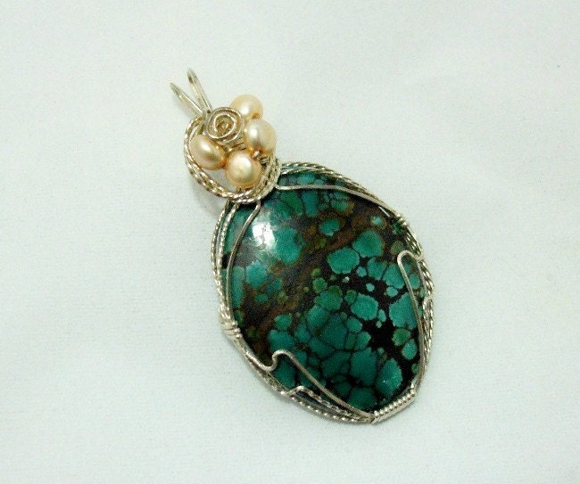 Pendant  Turquoise and  Pearl Wire Wrapped -  Kayla