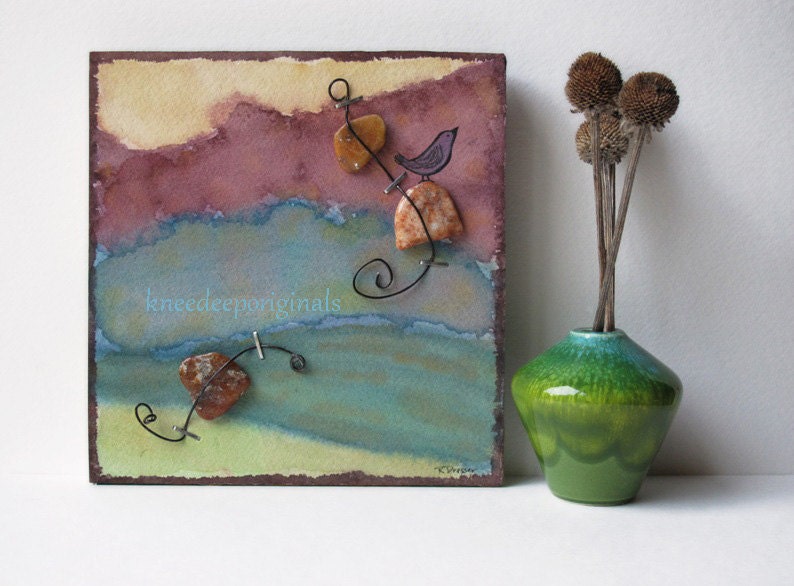 Abstract Watercolor 6x6 fine art mixed media assemblage soft spring colors home decor