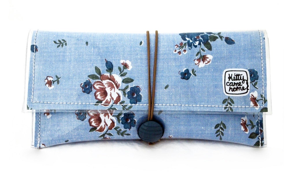 Button Clutch - Blue chambray floral vintage fabric