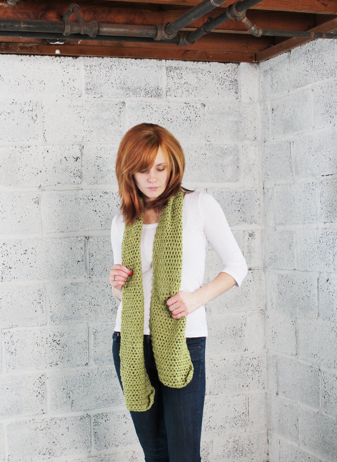 Sale - Wool Crochet Scarf in Grass - Ready to Ship
