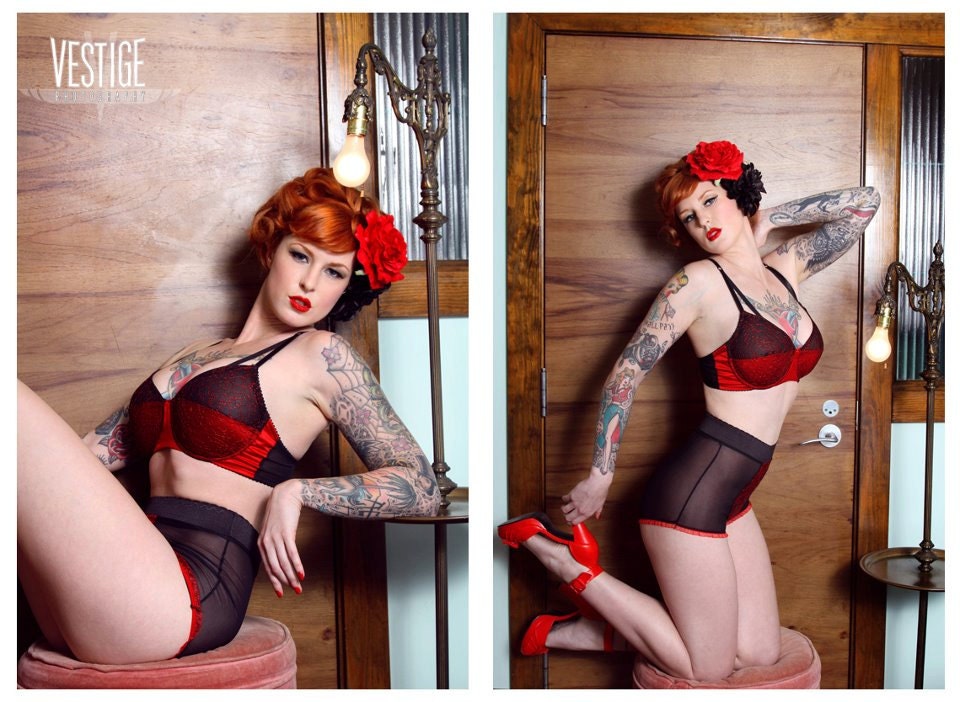 Red & Black Bra Silk and Lace Vintage Style Lingerie