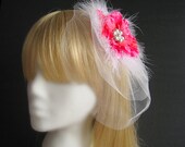Offbeat veil hot pink flower veil with feathers magenta flower pink wedding accessories mini bridal veil small veil with flower unique veil