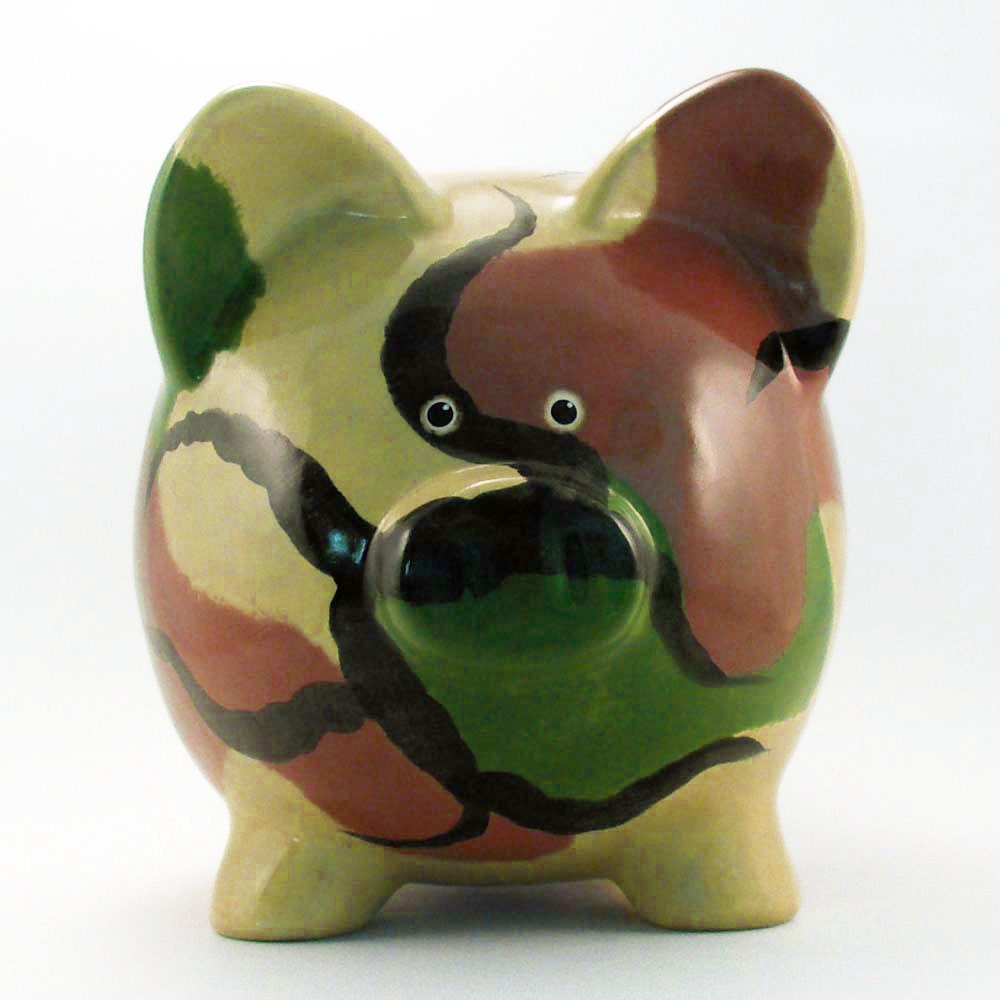 Personalized Piggy Bank - Green Camo - Camouflage - Ceramic - with hole or NO hole in bottom