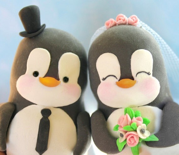 Custom wedding cake toppers penguins - love birds personalized
