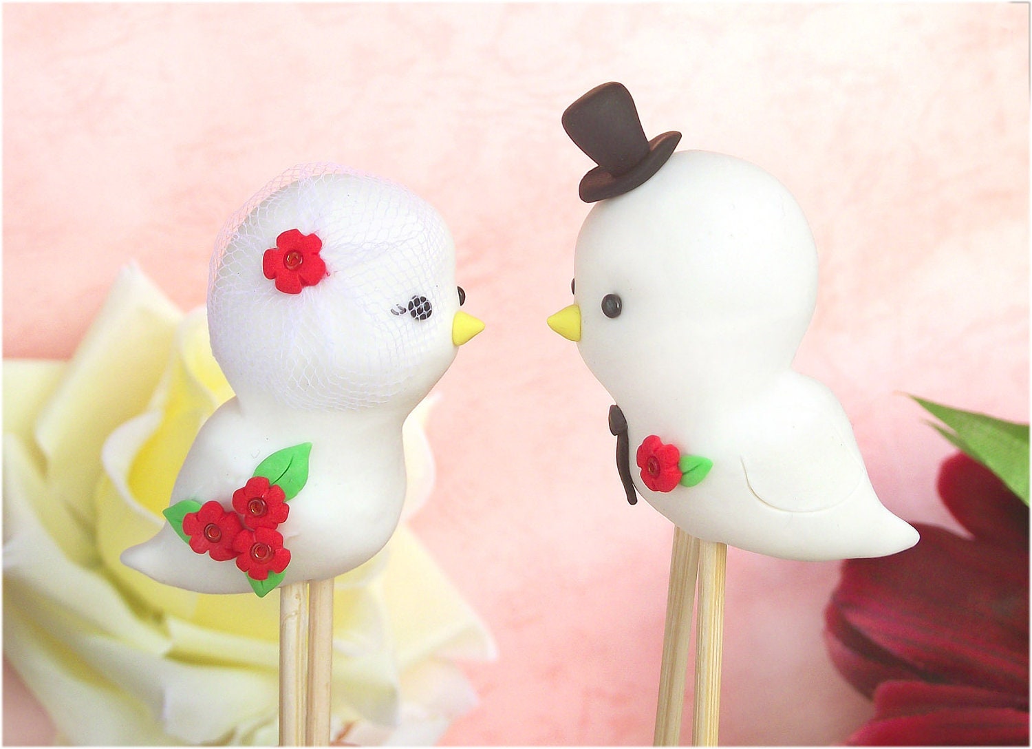Love birds wedding cake toppers - Personalized - with birdcage veil