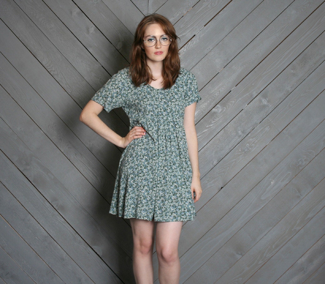1980s MINI DRESS / Light Blue & Green Floral Babydoll, xs-m