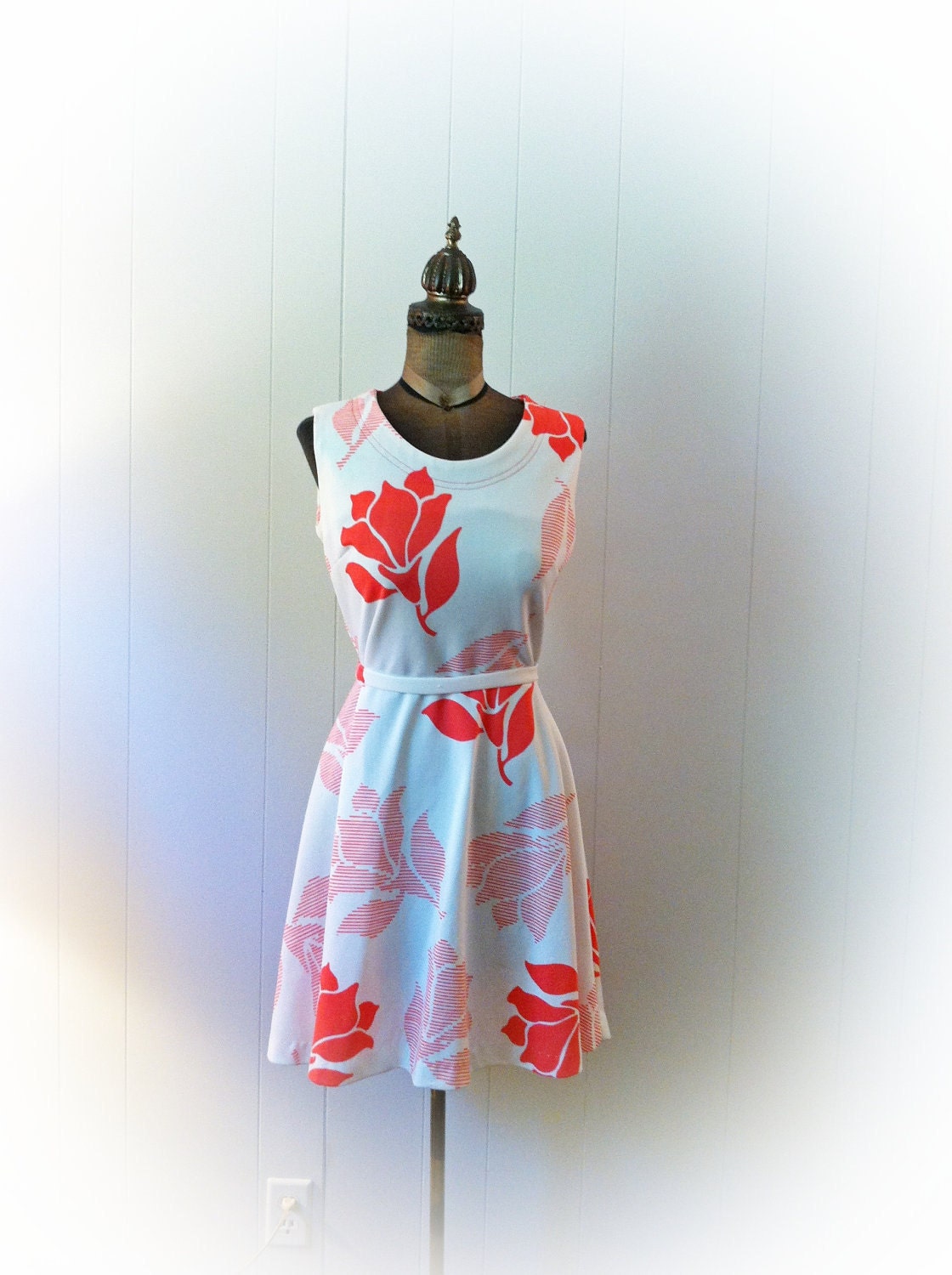 Vintage 1970s Dress Coral Orange and White with Original Belt