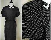 1980s Polka Dot Peplum Dress with Lace Collar/ 80s does 40s/ Size Small