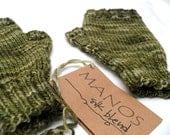 Mens Knit fingerless gloves mittens - Olive green Merino / Silk