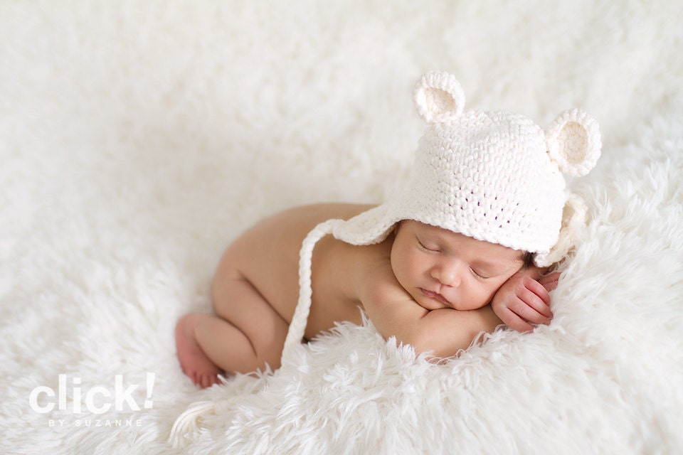 Newborn cream bear beanie with earflaps